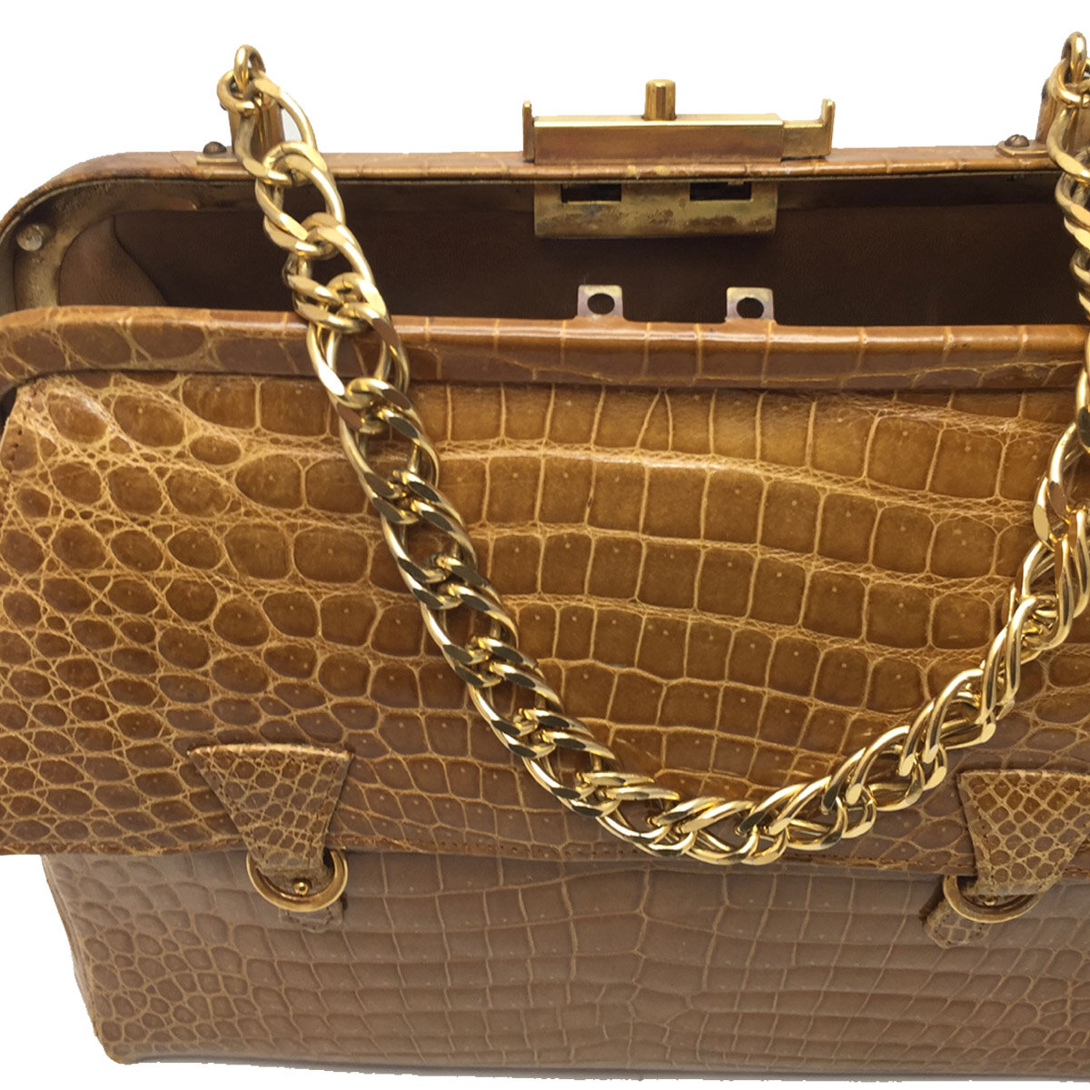 Vintage Camel Crocodile Embossed Leather Handbag