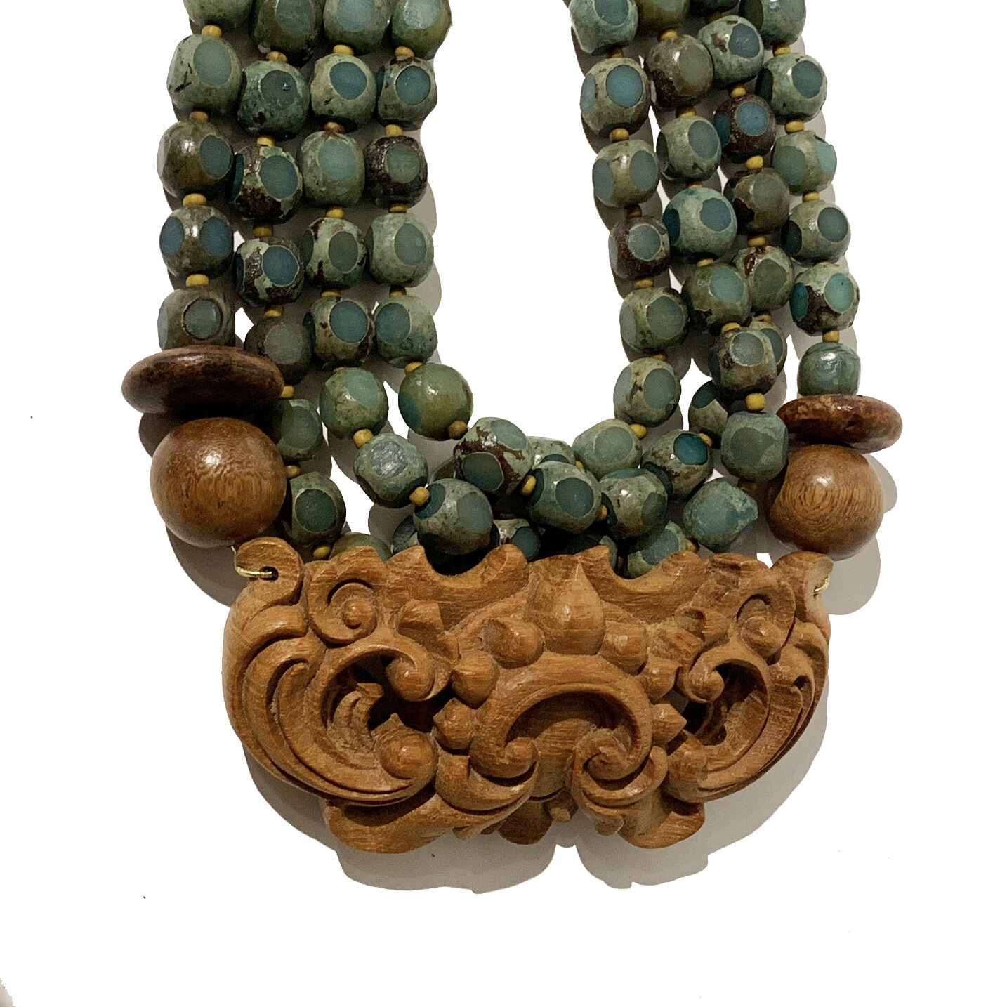 Sally Bass Bold Hand Carved wood &amp; Seed Necklace