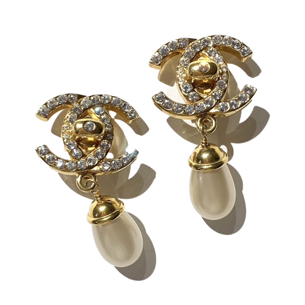 CHANEL- Vintage Mid 80s Early 90s CC Logo Pearl Drop - Gold-tone Earrings, CHANEL