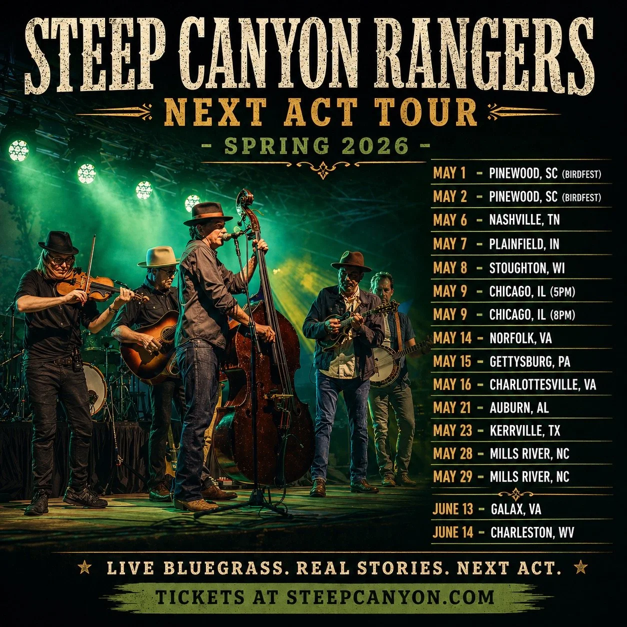 Bunches of new songs coming (hopefully) to a town near you! Tickets at 'get show tickets' on the link in our bio and steep canyon.com. **May 6 is with Nashville Symphony **May 29 is sold out