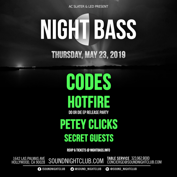 Night Bass is coming through again with another killer lineup. Head to Sound this month for, as per always, a stunning array of artists including Codes, Petey Clicks & Hotfire, ready to celebrate their 'Do Or Die' EP release with us, along with secret guests. The Night Bass crew is ready to bring the dance music to the Sound dancefloor once again. Get your tickets below, you know these always go off!!