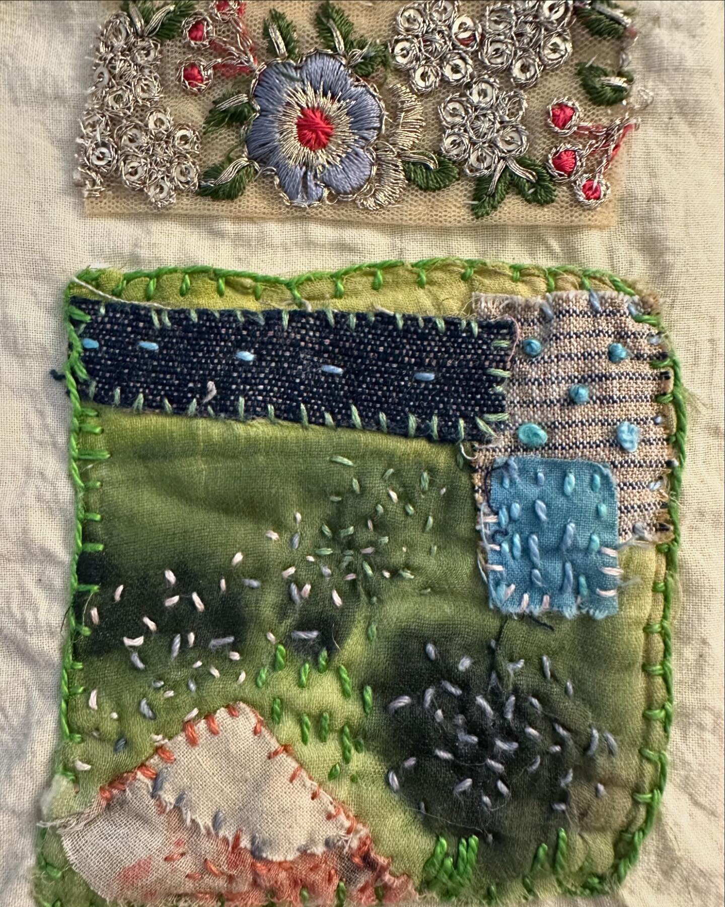 Wanted to share a sweet lil corner of my art practice- using my hand-painted and #collaged fabric as substrate, these small #embroidery compositions are intuitive and sewn onto #handdyed drawstring bags to hold my beloved #tarot decks. Often the deck