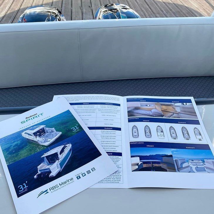 The leaflets for RBS Marine, Spirit 31 Inboard and Outboard options exhibiting at the Southampton Boat Show. The advantage of having printed materials is you can just see at a glance, the comparison of configuration of each boat 🛥 
@sotonboatshow @r