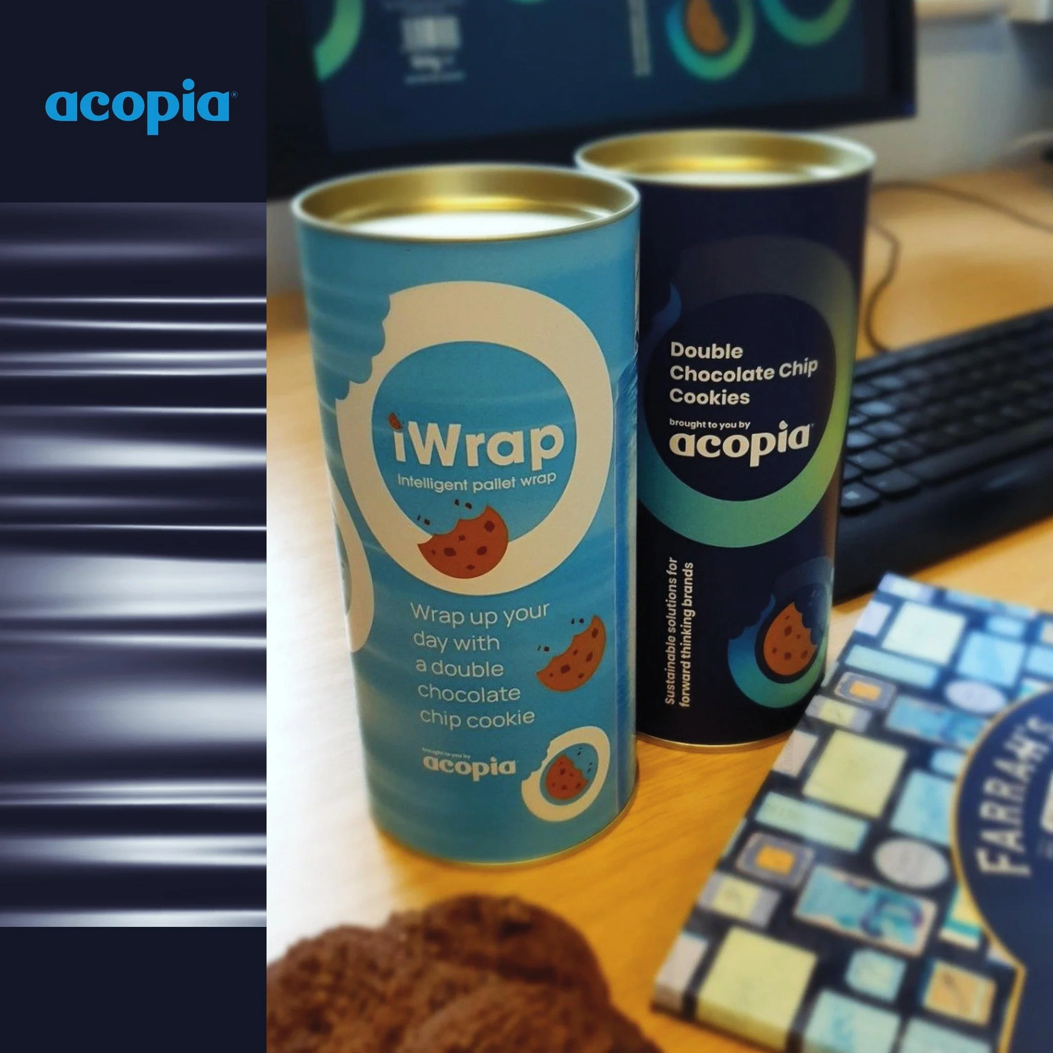 Acopia Groups exhibition stand was not hungry with these double chocolate chip biscuits to hand. It&rsquo;s been fun to work with the @acopiagroup Acopia Group Ltd Marketing Team designing the packaging for these biscuit drums. All on brand. Thank yo