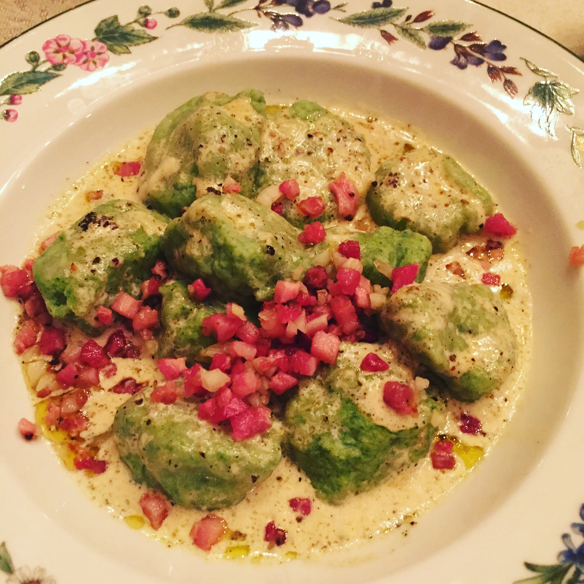 Gnudi topped with crispy Pancetta and Sage-Cream Sauces