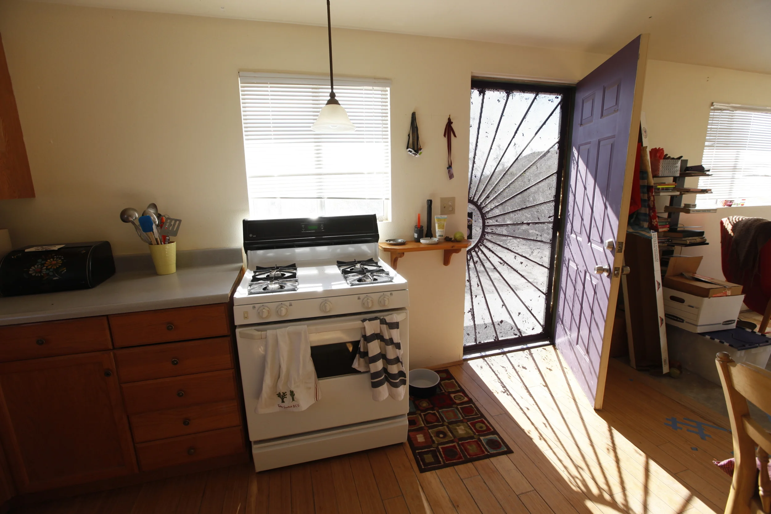 Kitchen stove and front door ( with old floor)