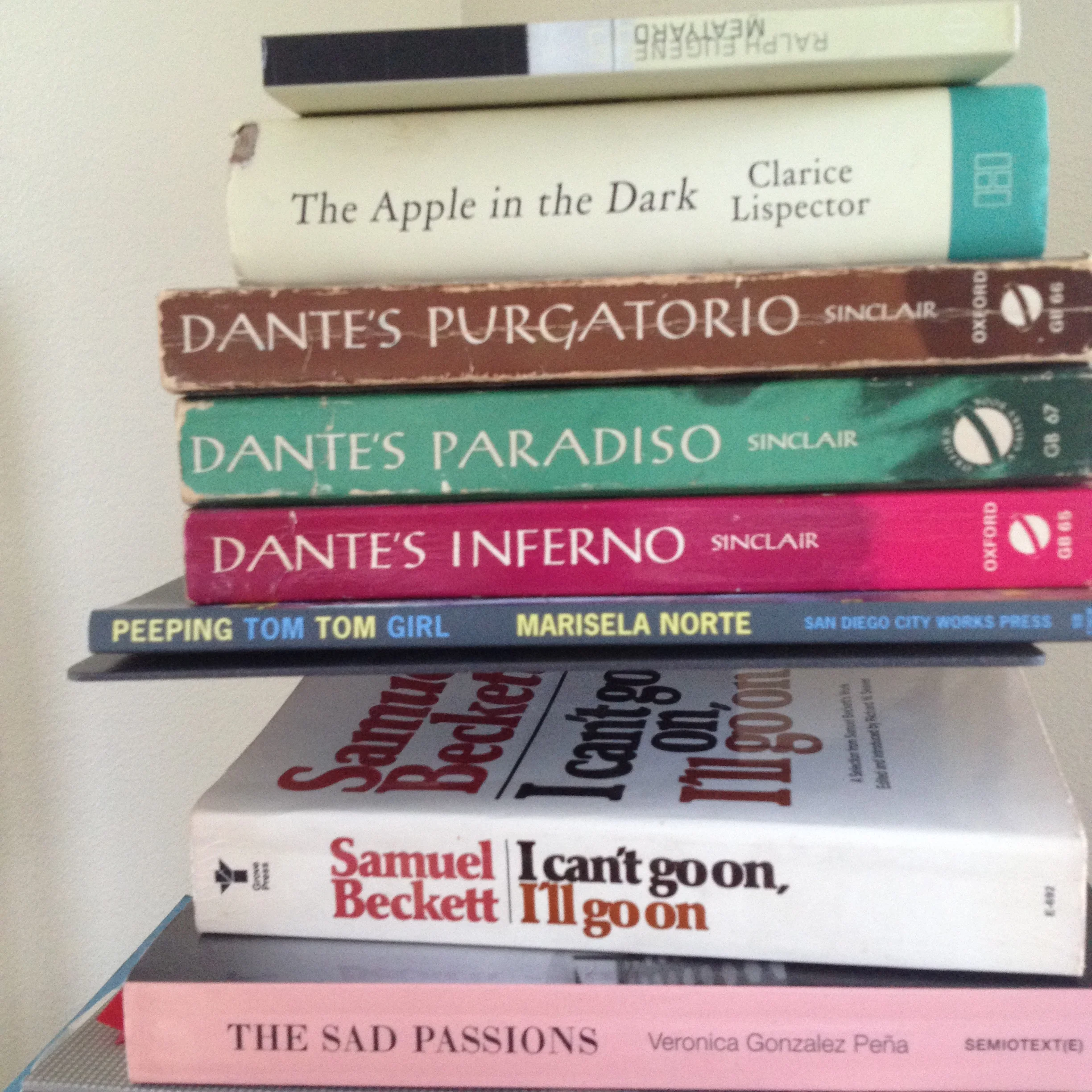 Books, lots of books, including "peeping tom tom girl" by Marisela Norte