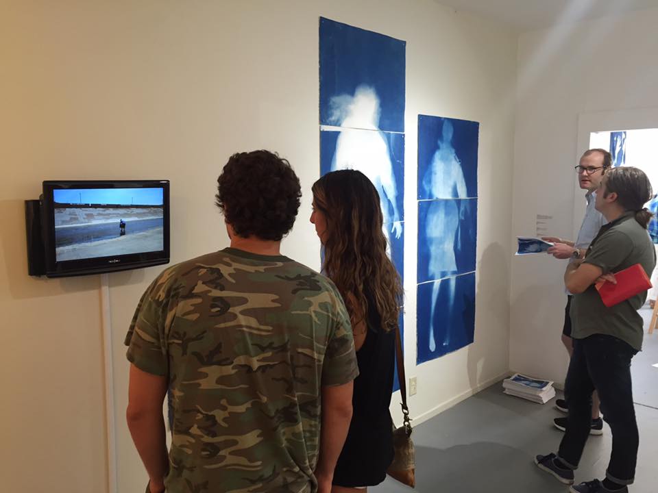 "Coming to Table" installation shot of Madison THIRST cyanotypes and Abeles's video, AGCC, June 2016 
