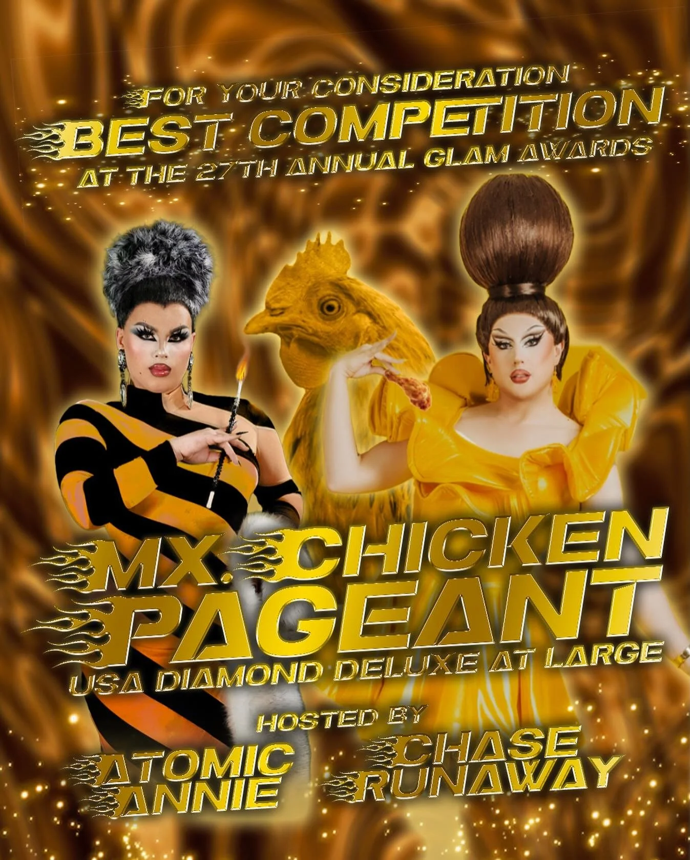FOR YOUR CONSIDERATION ✨ it would be amazing to consider 💎 MX. CHICKEN USA DIAMOND DELUXE AT LARGE 💎 for BEST COMPETITION at this year&rsquo;s @glamawards 🍗🔥💥

@_atomicannie and I have brought so much fun to the NY competition scene with Mx. Chi