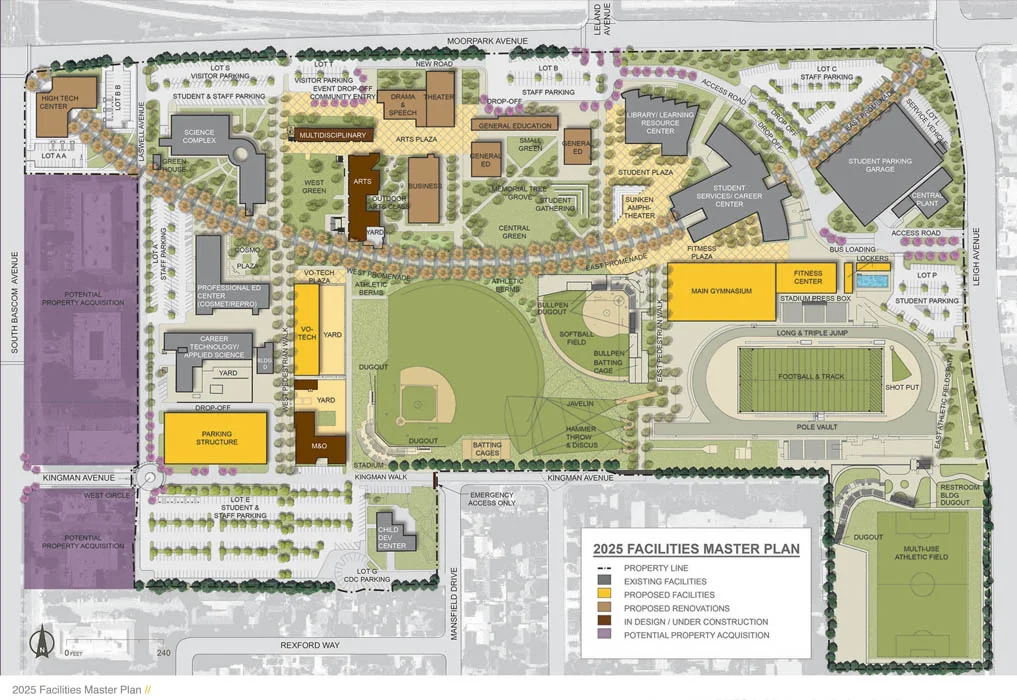 Evergreen Community College & San Jose City College Facilities Master Plan Update / JLJA worked with the District and HMC Architects to create the 2025 Facilities Master Plan, focused on enhancing pedestrian connections between buildings and zones, enriching student experience through functional outdoor spaces, improving circulation, and increasing overall safety and sustainability. The subsequent Landscape Implementation Program establishes a framework for development of outdoor spaces and bond-funded build-out of the Master Plan. JLJA coordinated the subconsultant team and compiled the final document, encompassing existing conditions analysis, proposed specific site improvements, campus-wide arborist report with maintenance guidelines, signage master plan, campus irrigation master plan, and plant palette. The document and its recommendations help SJCC set realistic goals for campus development, assess general costs, and prioritize phased improvements; it guides development so that the campus landscape is functional and beautiful in both the short and long term.