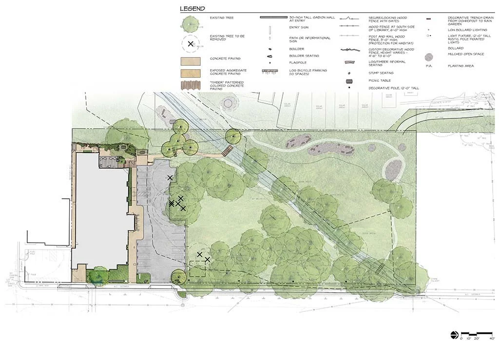 Site plan Felton Library / Conceived as a community gathering space for the San Lorenzo Valley's 25,000 residents, Felton's new library will replace its former 1,250 s.f. home in a late-19th-century church. The new library will allow for larger collection capacity, technology upgrades, and a patio that creates an indoor/outdoor space. Environmental literacy, innovative materials, and a seamless connection to the outdoors were drivers of the design. The project included pre-design for the adjacent 2-acre Discovery Park that will create trails and interactive zones while restoring Bull Creek waterway into a teaching site and model for maintaining a healthy watershed. Project scope included community meetings, public presentations, and successful partnership between SC Public Libraries, SC County Parks, San Lorenzo Valley Water District, and the community-driven Felton Library Friends. The library is funded by $10M from Measure S, the 2016 $67M libraries bond, and a one-time contribution of $1M from the State of California.