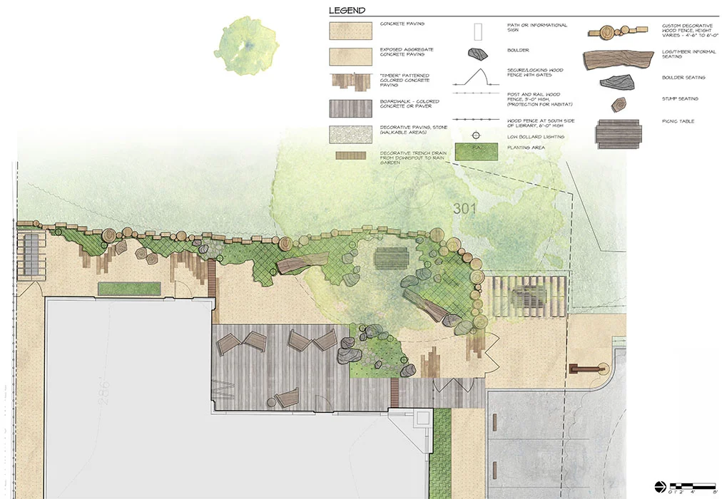 Site plan - courtyard enlargement Client : Santa Cruz Public Libraries Location : Felton, CA Dates : 2016-current (estimated completion late 2019) Size : 8,890-s.f. building, 2-acre site Cost : $11 million Architect : Teall Messer Architect Civil Engineer : Ifland Engineers Building Updates : Felton Library Friends