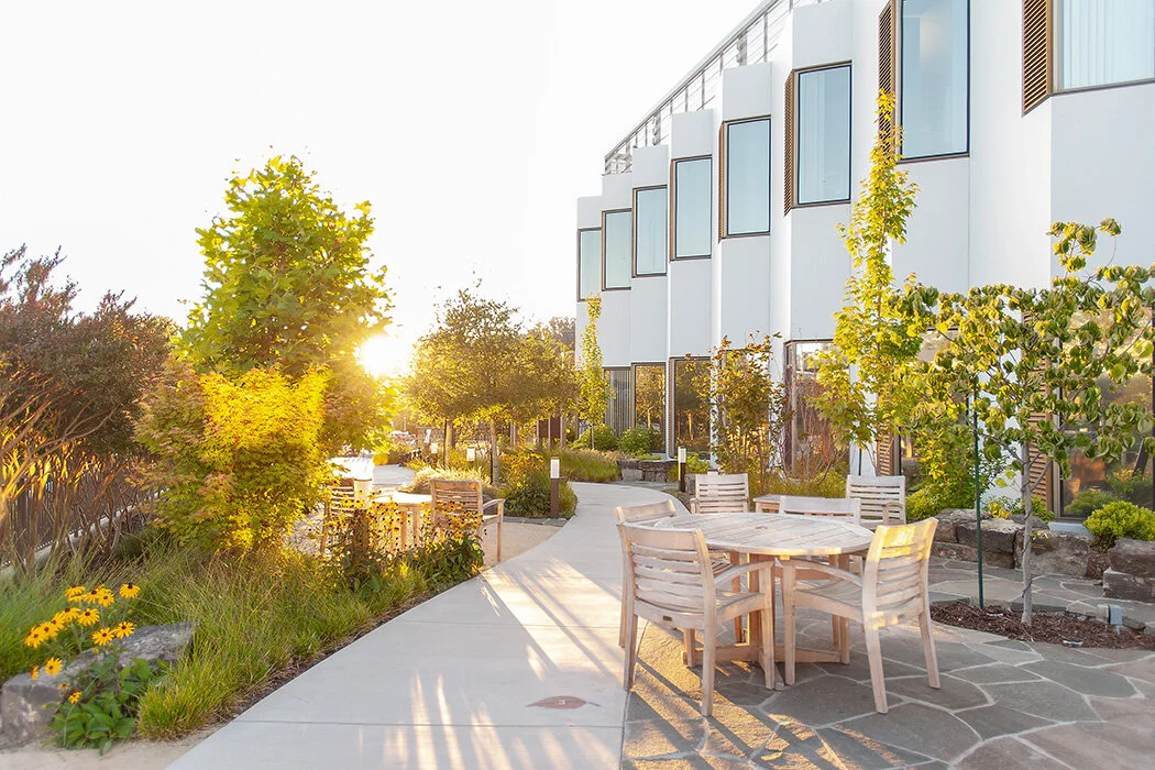 Dominican Hospital Healing Courtyards / Dominican Hospital's Healing Courtyards Initiative focuses on the power of peaceful exterior spaces to aid recovery. JLJA established a story of Santa Cruz nature to unite six courtyards; from Beach, Grassland, and Oak Woodland to Orchard, Creekside, and Redwoods, each of these spaces celebrates nature as medicine and healing. The design concepts were developed in collaboration with a 35-person design review committee and incorporate creative donor recognition opportunities. The first courtyard completed was for the Acute Rehabilitation Unit. The garden was designed with the input of physical, occupational, and speech therapists to provide an outside therapy training area with features such as a putting green for balance, outdoor games for manual dexterity and memory function, garden signage for language skills, and various pathways, pavement surfaces, and stair configurations for patients navigating with walkers, wheelchairs, and canes. The courtyard reflects Santa Cruz's oak woodland ecosystem and is intended to increase and speed patient healing. Photo: Holly Lepere, Lepere Studio