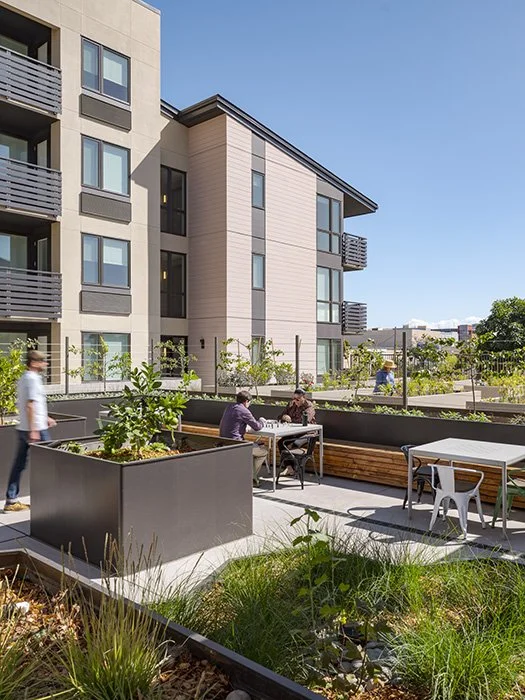  Game tables alongside planting beds on rooftop courtyard.   Photography by Kyle Jeffers.  