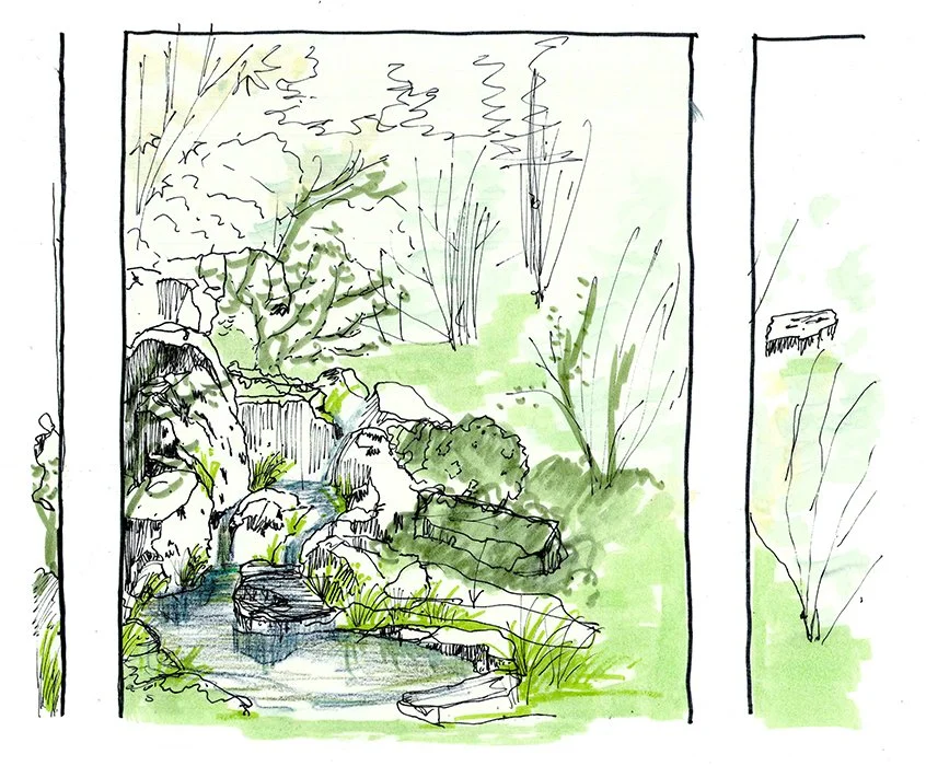  Sketch of view through windows out to the landscape - water feature 