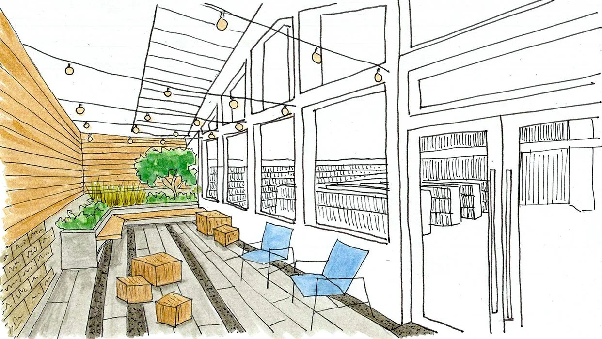  Hand-drawn sketch of children’s reading courtyard concept. 