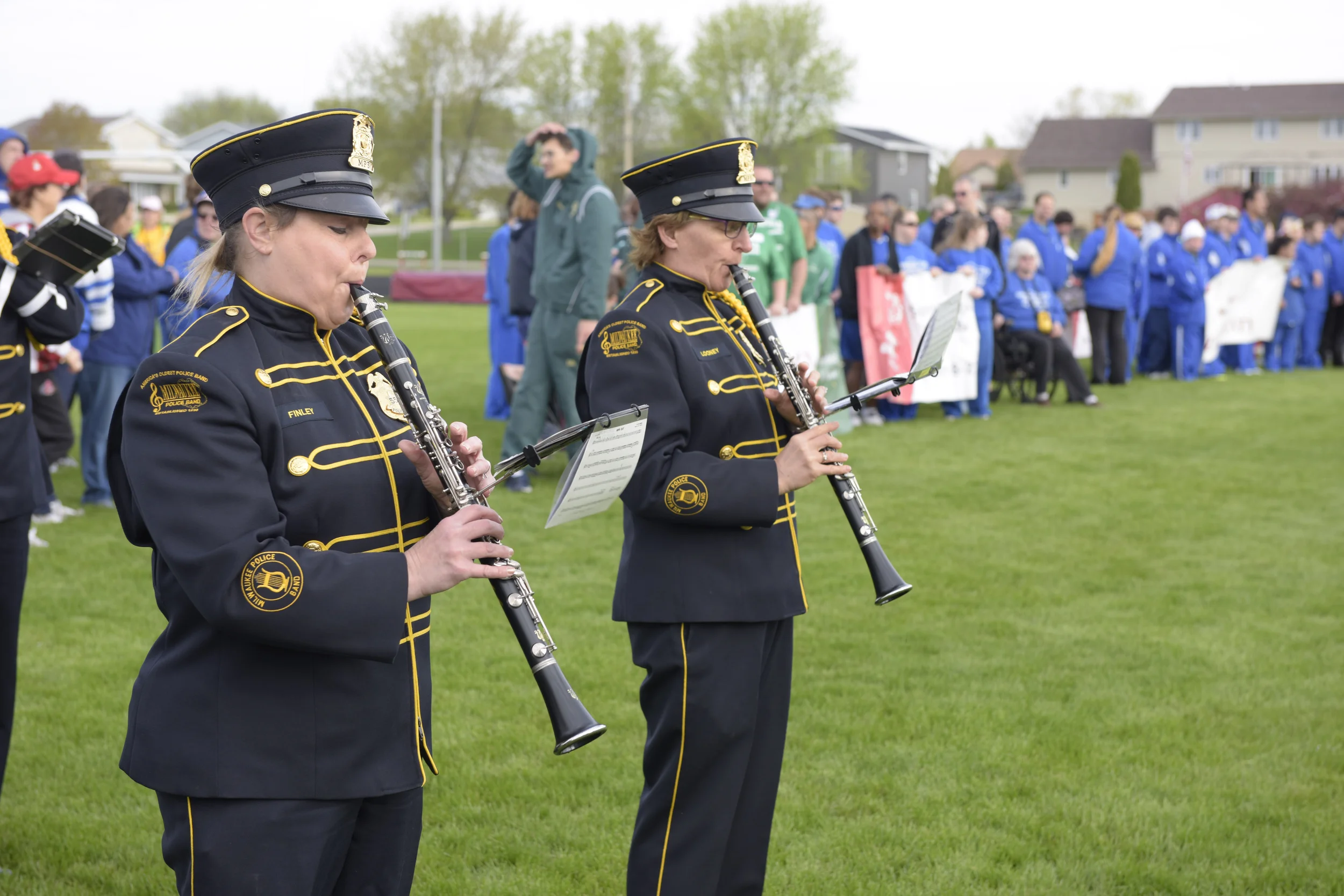 Police band members, Officers Carrie Finley and Pam Looney playing their clarinets. Both officers have been long time members of the band.