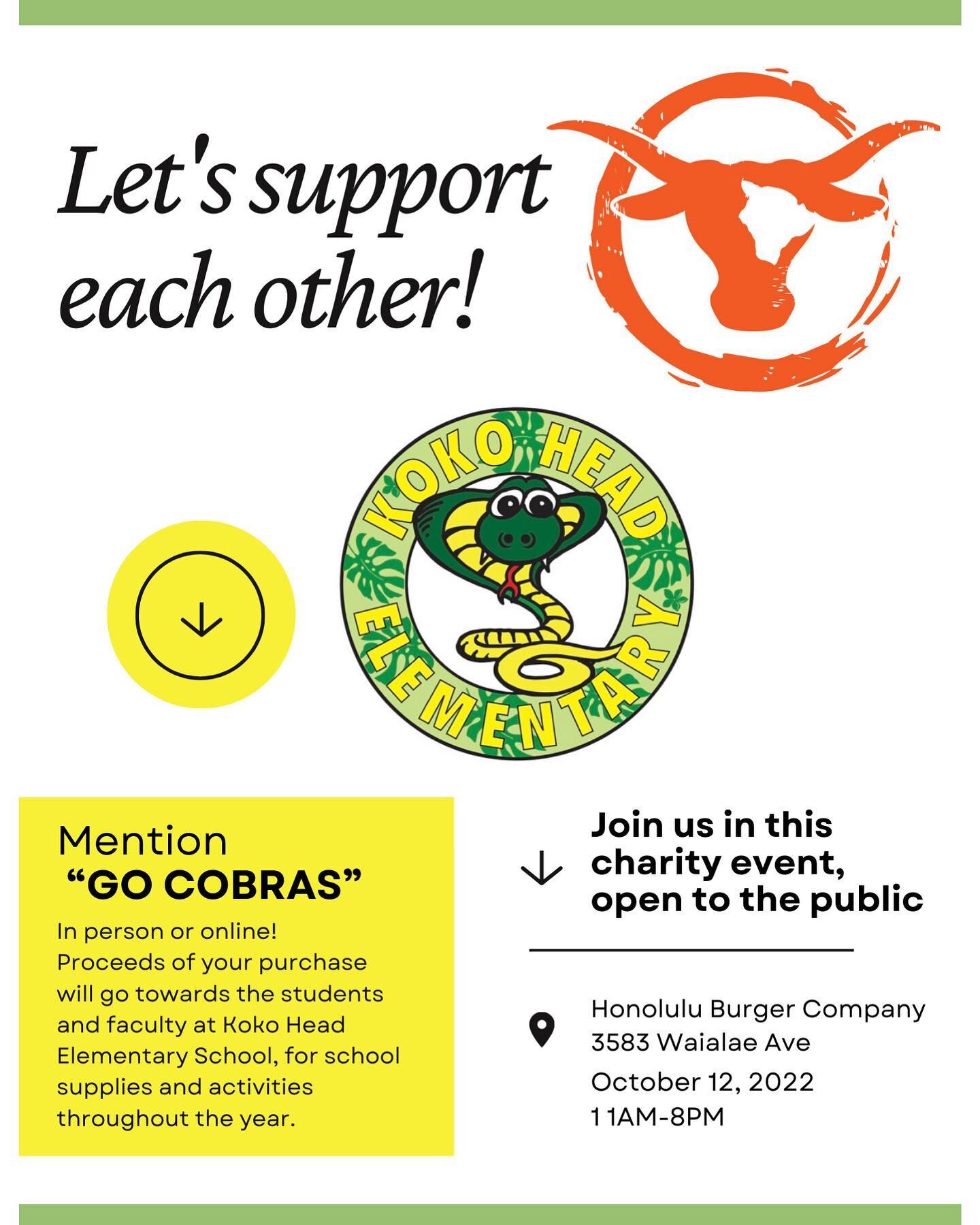 This fundraising event is open to the public and for anyone who stops by our Waialae location on October 12, 2022.

Say or mention: GO COBRAS 
Online at our website when ordering, or in-person at our Waialae location, and proceeds of your order will 