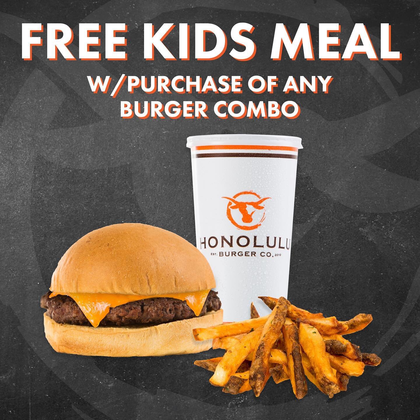 🚨 FREE KIDS MEAL 🚨 

Kids Meal = Hamburger, Cheeseburger or Grilled Cheese + Fries + Small Soft Drink.
For the children, ages 13 and under.

Available at our Waialae location until end of day, Sunday, November 6! 

*Cannot be combined with other di