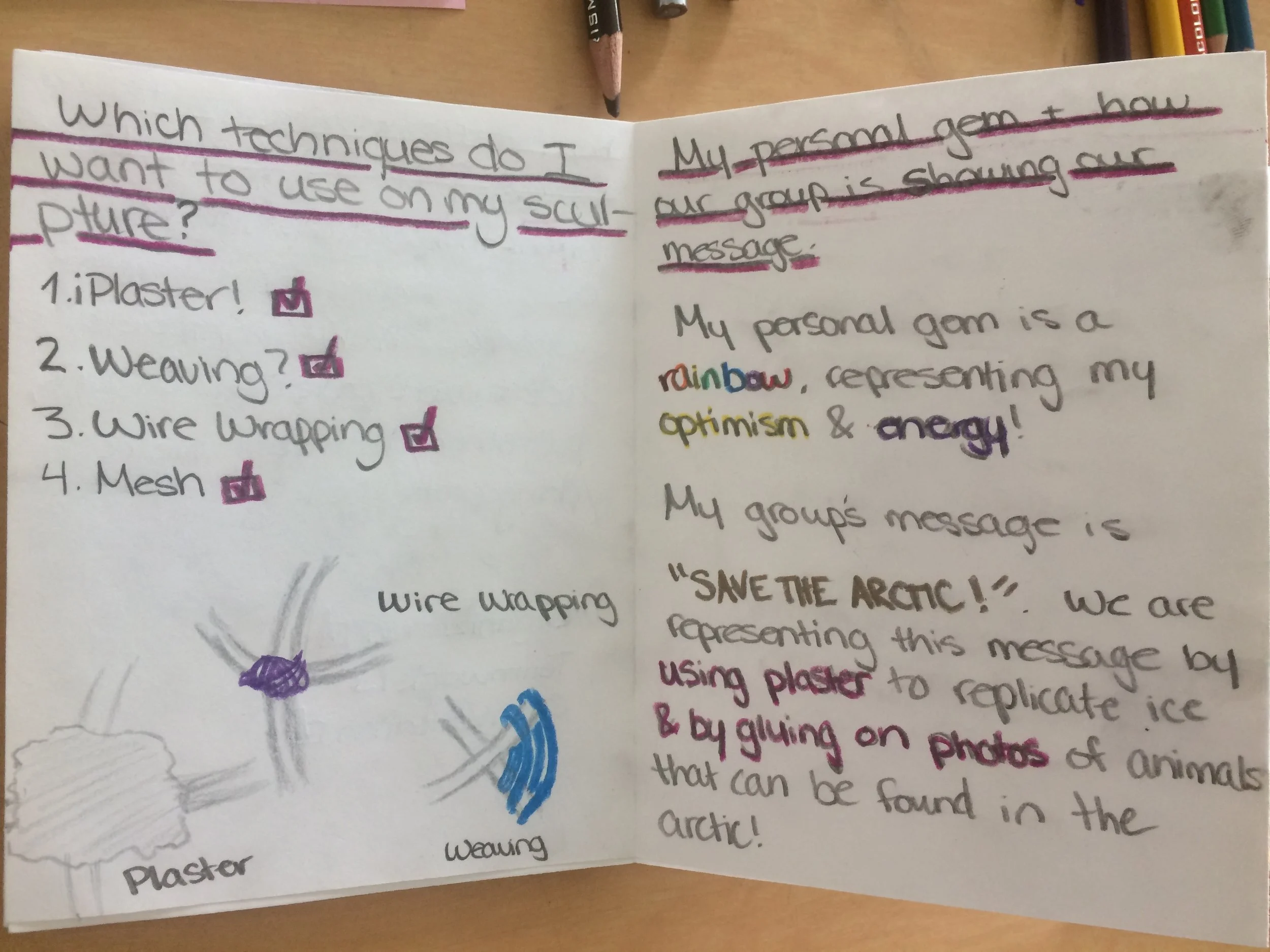 Students envisioned their sculptures and reflected on the process in individual accordion sketch books.