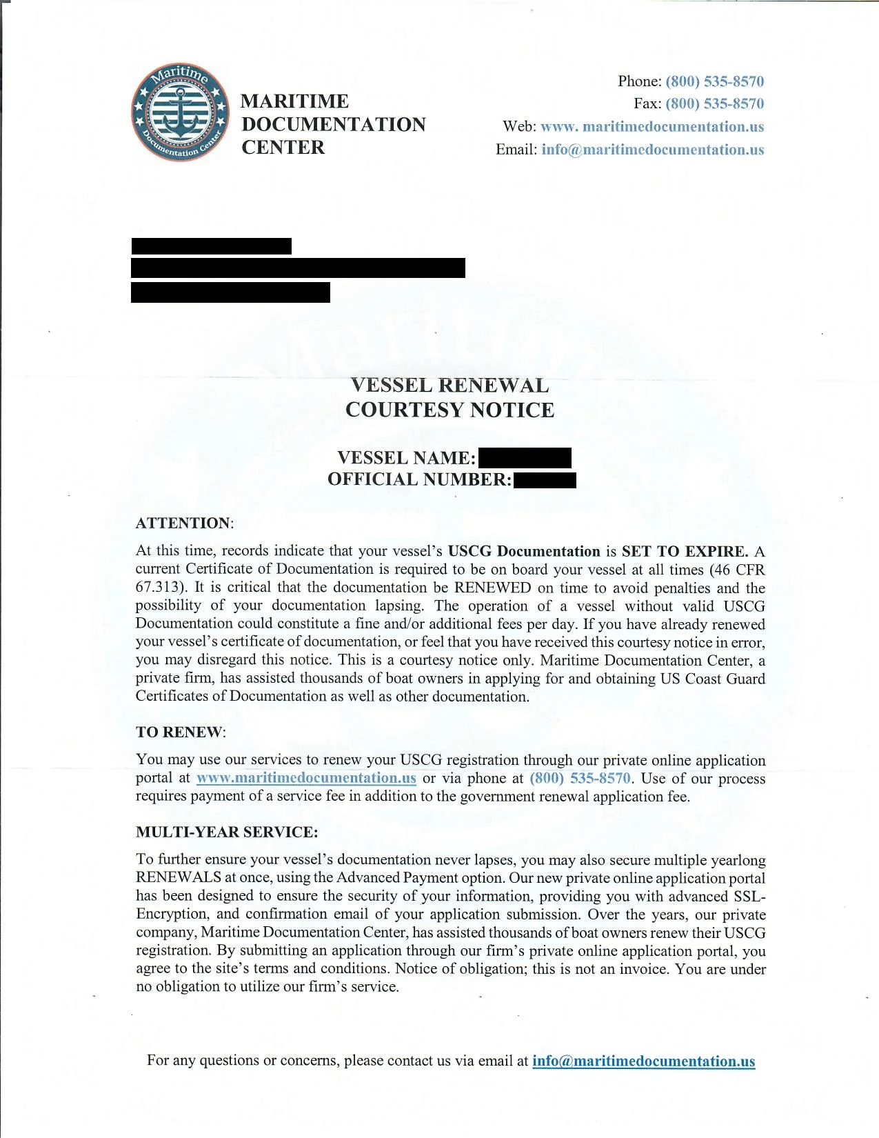Scam company letter