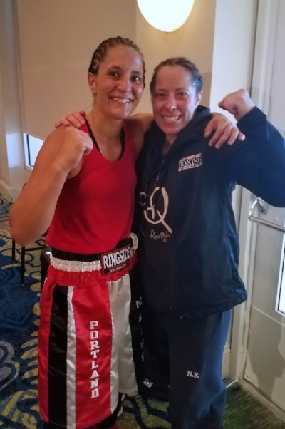 Portland Boxing Club's Lindsay (Kyajohnian) Francois (left) and Liz Leddy (right) at the 18th Annual Women's National Golden Gloves Tournament of Champions in Fort Lauderdale, FL.