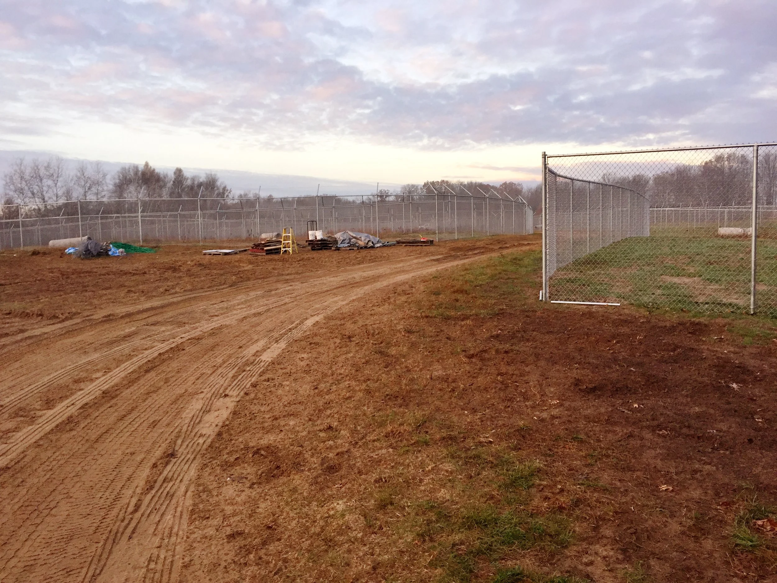 Hard at work, rolling chain-link onto the posts.