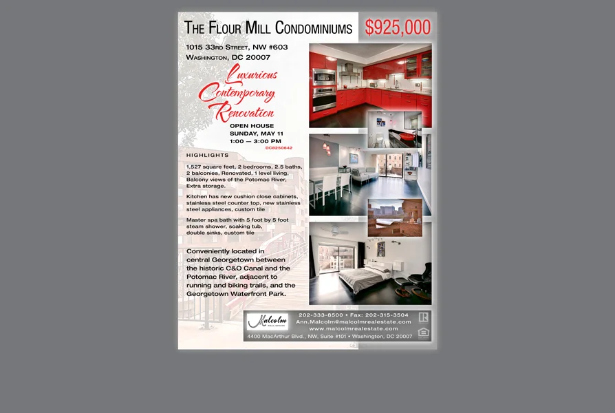  CLIENT: Malcolm Real Estate &nbsp;• &nbsp;TYPE: 8.5 x 11,&nbsp;4/c,&nbsp;flyer &amp; ad, print &amp; web USE: Ad for condominium, for sale/open house 
