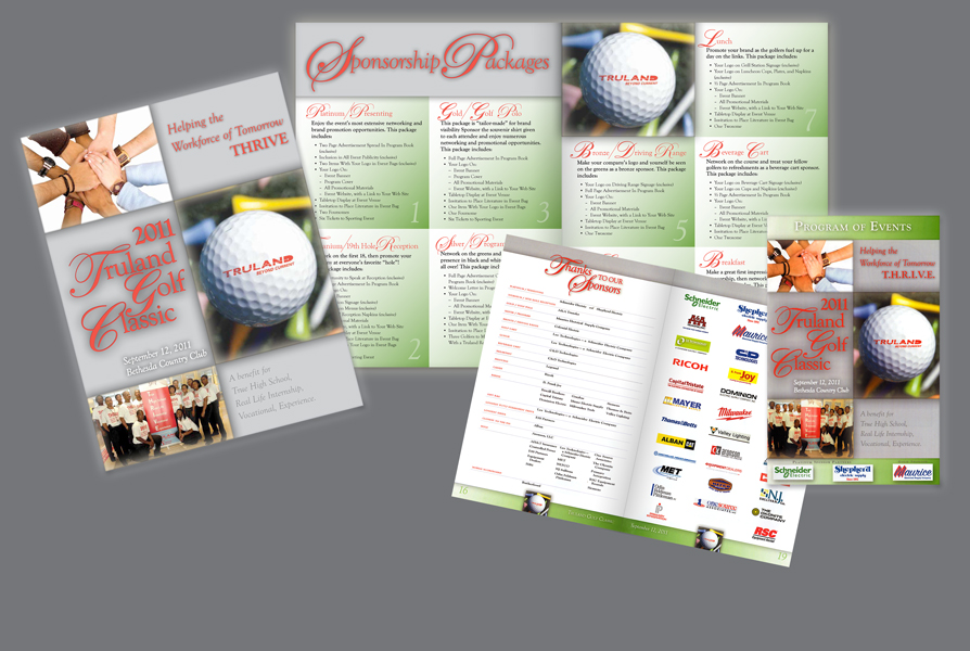  CLIENT: Truland &nbsp;• &nbsp;TYPE: 8.5x11 sponsor booklet, 5.5x8.5 program booklet, saddle-stitch bound,&nbsp;4/c USE: Annual golf tounament to raise funds for charity 
