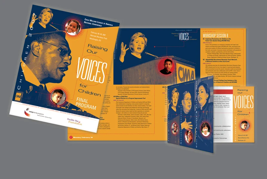  CLIENT: CWLA &nbsp;• &nbsp;TYPE: 8.5x11 &amp; 5.5x8.5 booklets, 8.5x5.5 2-fold mailer, &amp; collaterals, 4/c USE: Workshop program, dinner &amp; lunch programs, RFP&amp;STD, for annual conference 2007 