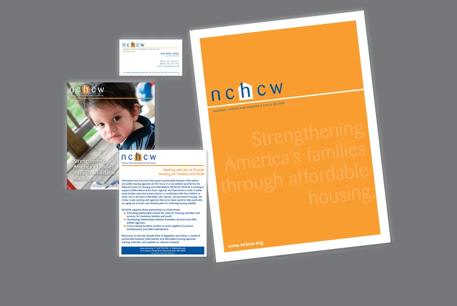  CLIENT: National Coalition on Housing and Child Welfare&nbsp; • &nbsp;USE: Designed logo used for identity, stationary, &amp; marketing (shown are pocket folder, identity handout, and business card) 