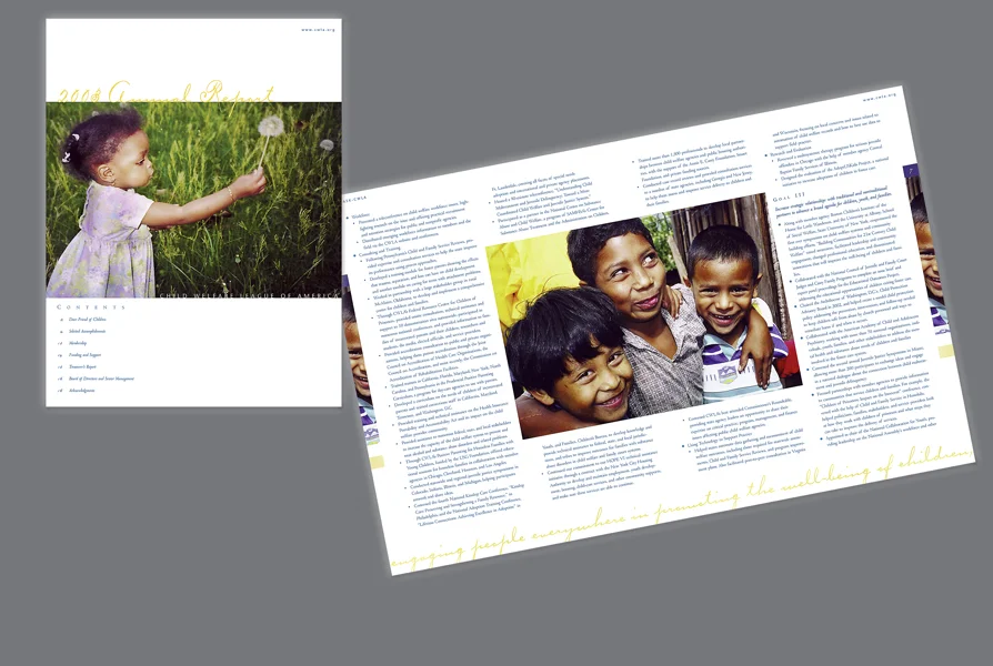  CLIENT: CWLA &nbsp;• &nbsp;TYPE: 8.5x11, perfect bound, 4/c, booklet &nbsp;• &nbsp;USE: 2003 Annual report 