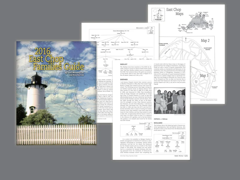  CLIENT: Jane Meleney Coe • &nbsp;TYPE: 8.5x11, 4/0 cover, b&amp;w, coil bound, book (160 pgs)&nbsp; USE: As a pro bono project for the families of East Chop, MA;&nbsp;they needed a 2016 historical family tree book with photos to update their previou