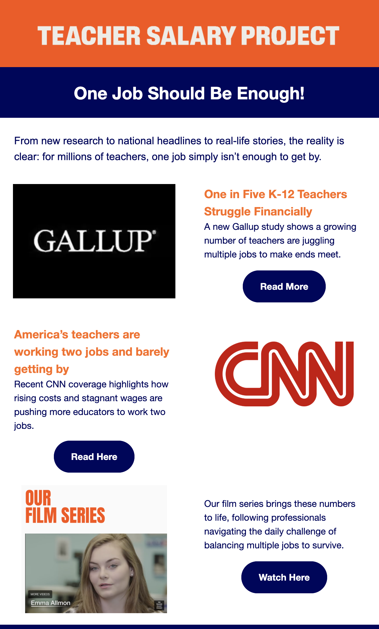 A colorful webpage titled 'Teacher Salary Project' with sections about teachers struggling financially, news articles, and a film series featuring an interview with Emma Allmon.