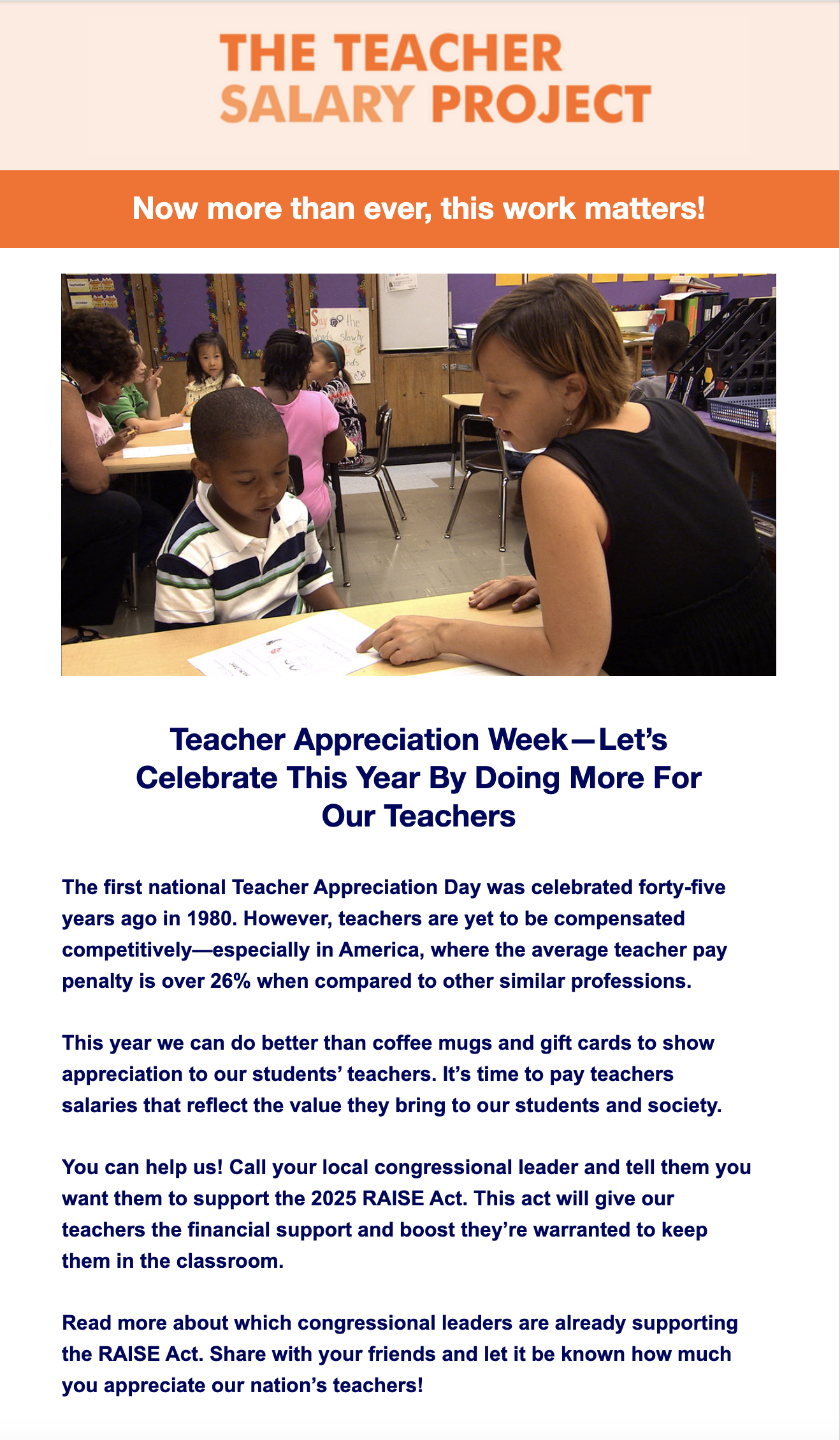 Flyer titled "The Teacher Salary Project" promoting Teacher Appreciation Week. Features a photo of a teacher speaking to a young student in a classroom with other children in the background.