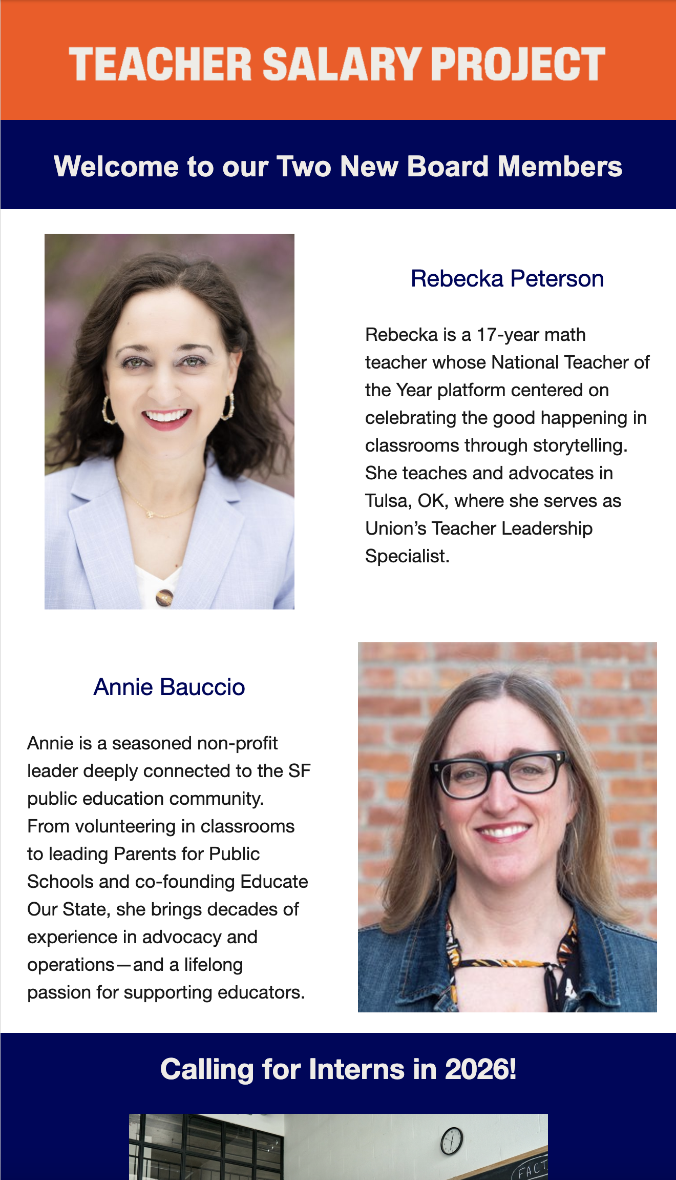 A flyer for a teacher salary project introducing new board members, featuring photos and biographies of Rebecka Peterson and Annie Bauccio, with a call for interns in 2026 at the bottom.
