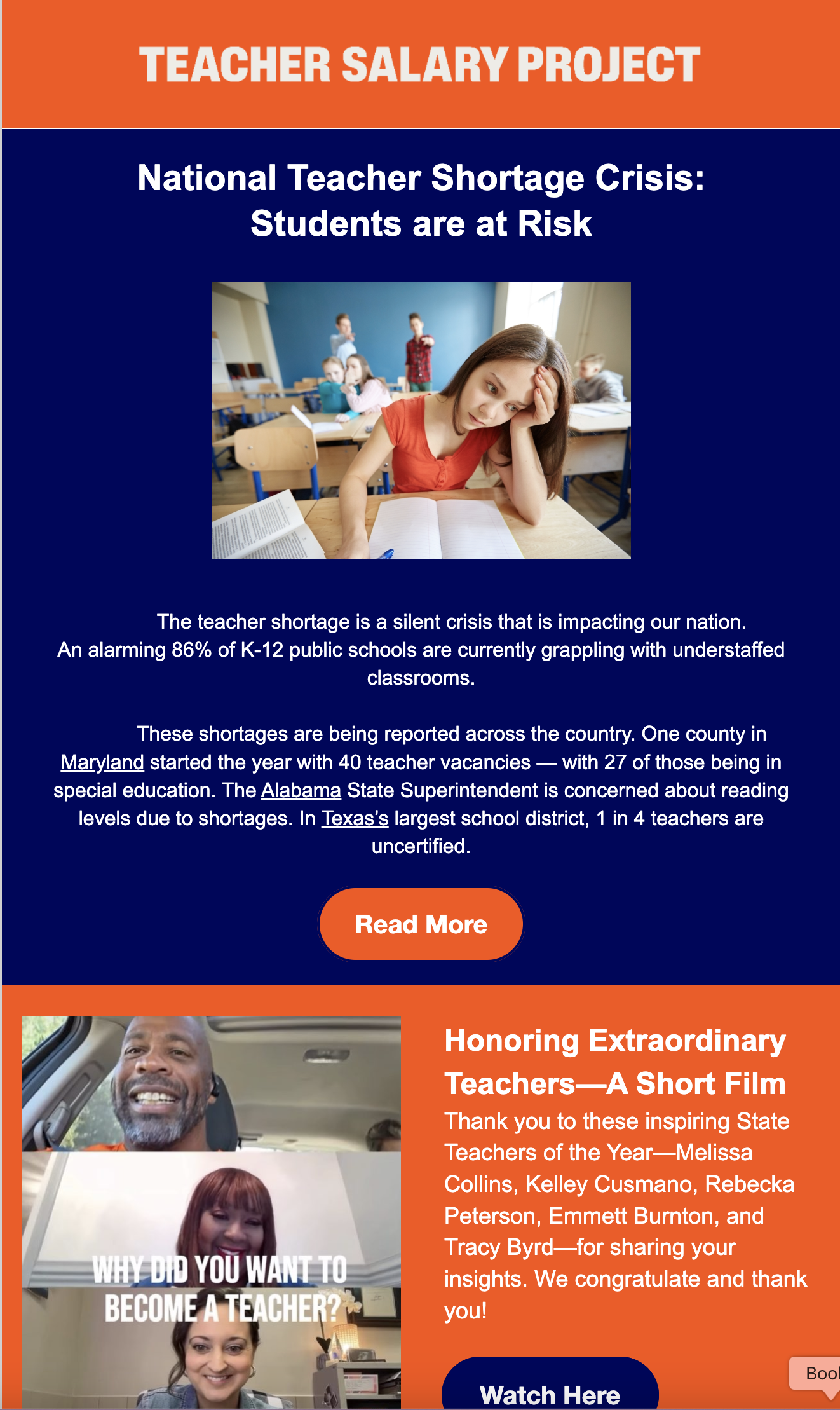 A webpage with a red and blue background featuring articles about teacher salaries and honoring extraordinary teachers, including images of teachers and students and a call-to-action button.