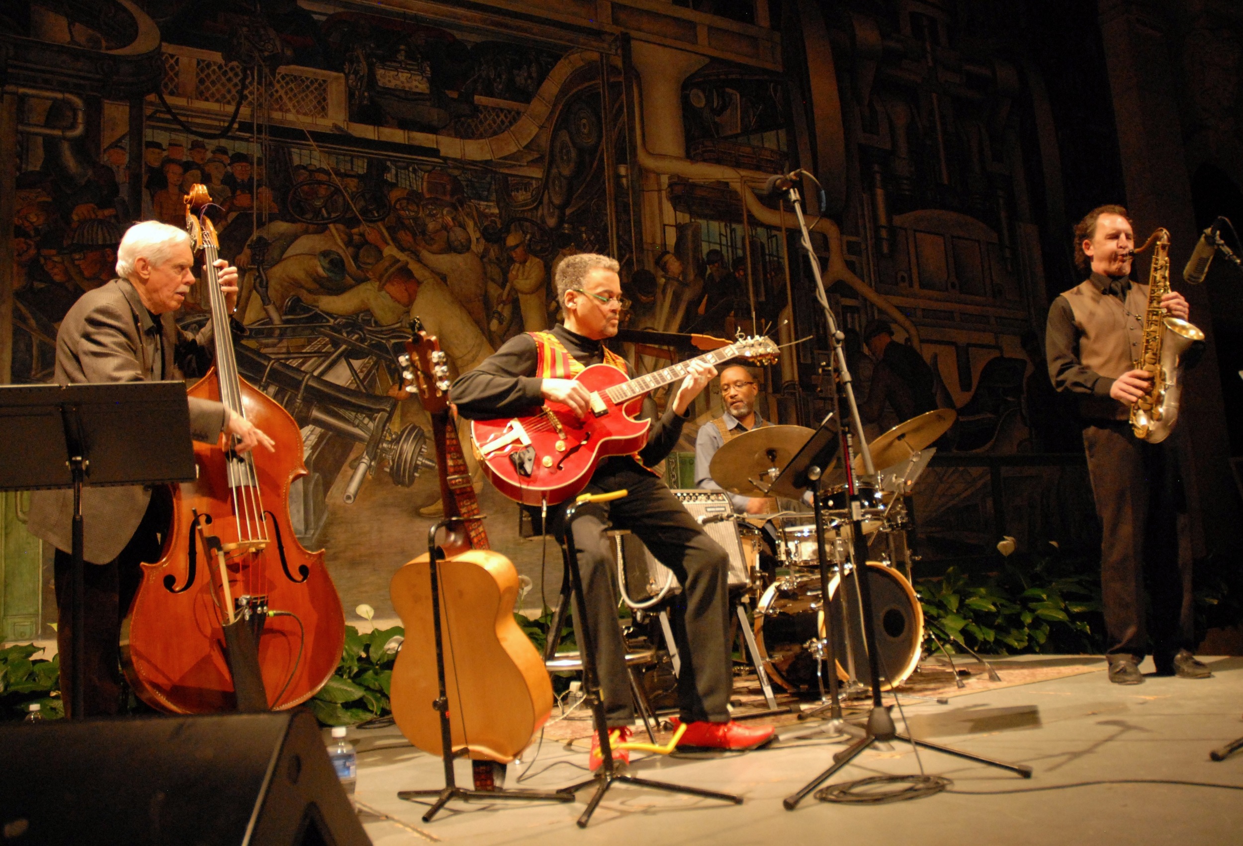 A. Spencer Barefield Quartet at the Detroit Institute of Arts with, left to right, Dave Young, A. Spencer Barefield, Djallo Keita, and Chris Collins. Photo by ©Barbara Barefield