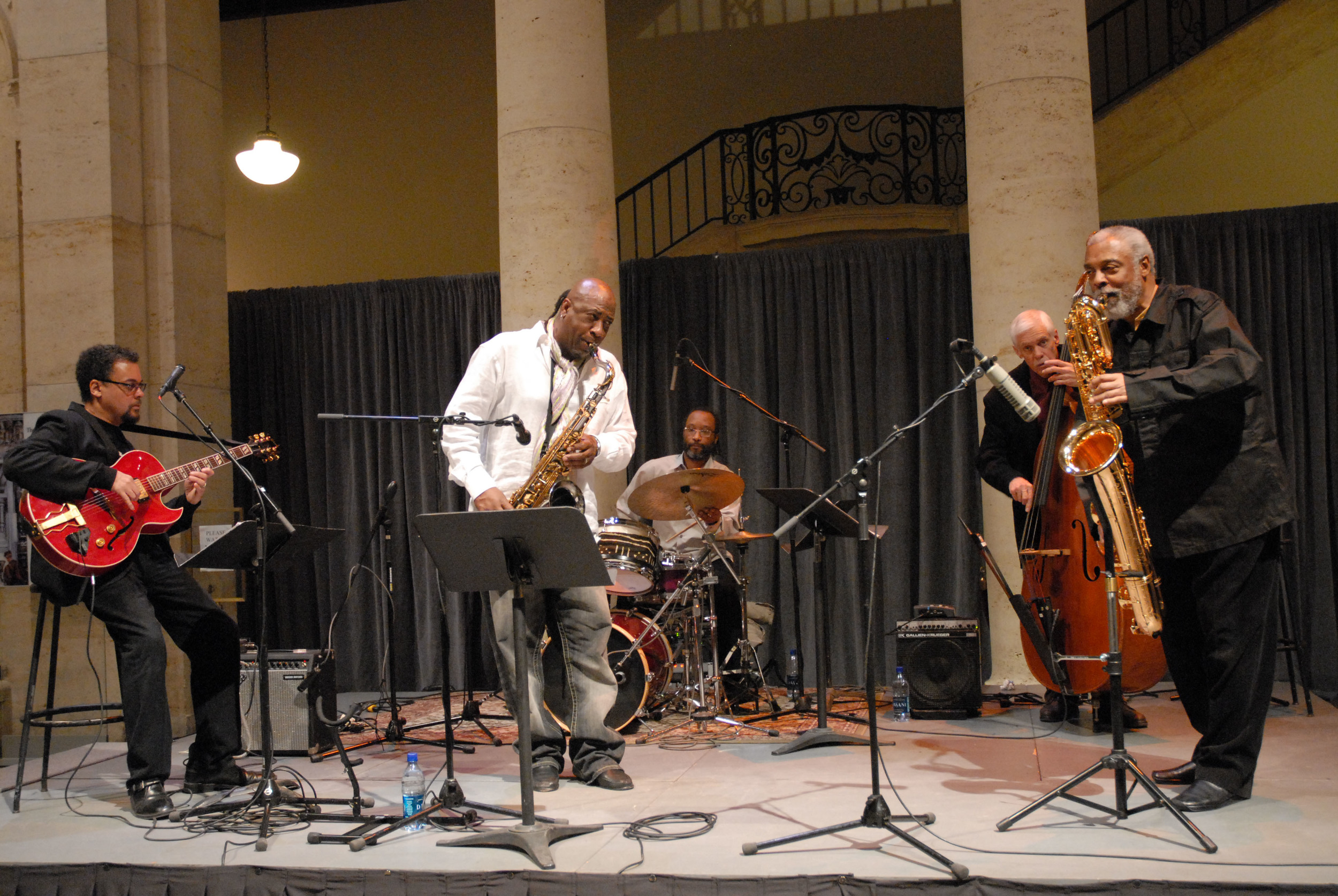 A. Spencer Barefield Quintet at the Detroit Institute of Arts with, left to right, A. Spencer Barefield, Dave McMurray, Djallo Keita, Dave Young and Hamiet Bluiett. Photo by ©Barbara Barefield