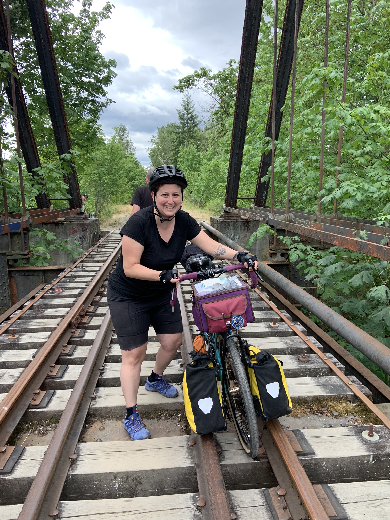 Gabby makes the best of the railroad trestle situation