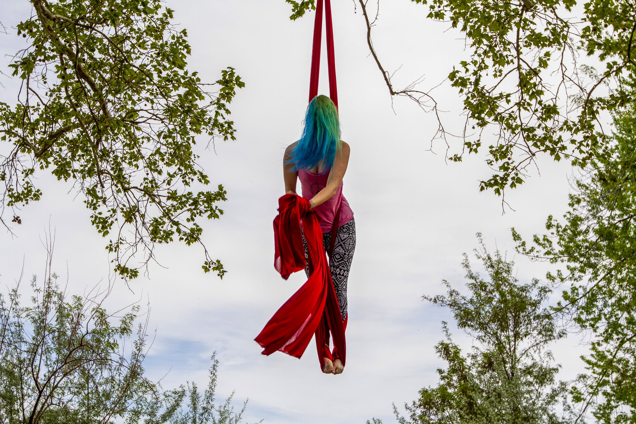  Briana Groneman, 27, practices on aerial silks in Columbia Park on Tuesday (April 29, 2020). She recently moved to the Tri-Cities area and is practicing for the first time since an accident a year and a half ago left her unable to do her aerial rout