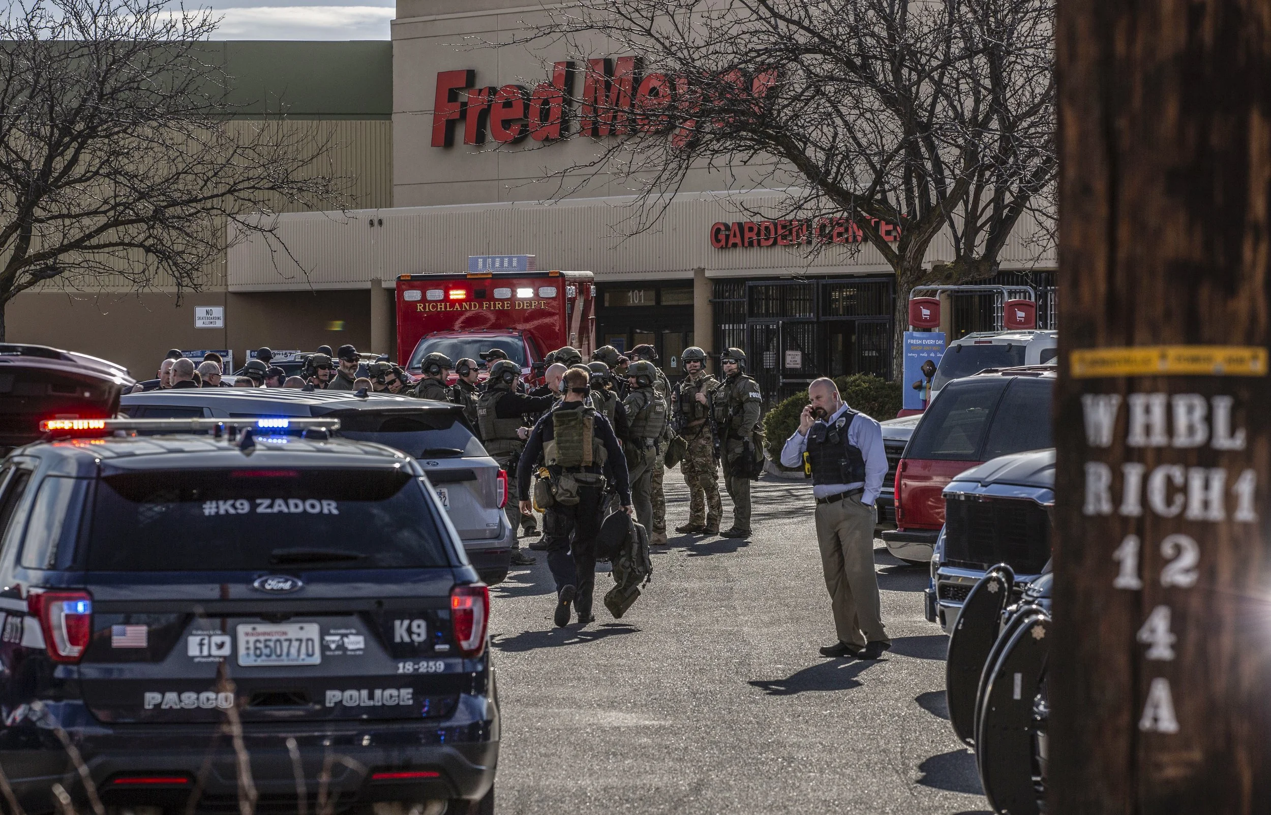  One person was killed and at least one other wounded in a shooting inside the Richland, Wash., Fred Meyer store on Wellsian Way on the morning of Feb. 7, 2022. 