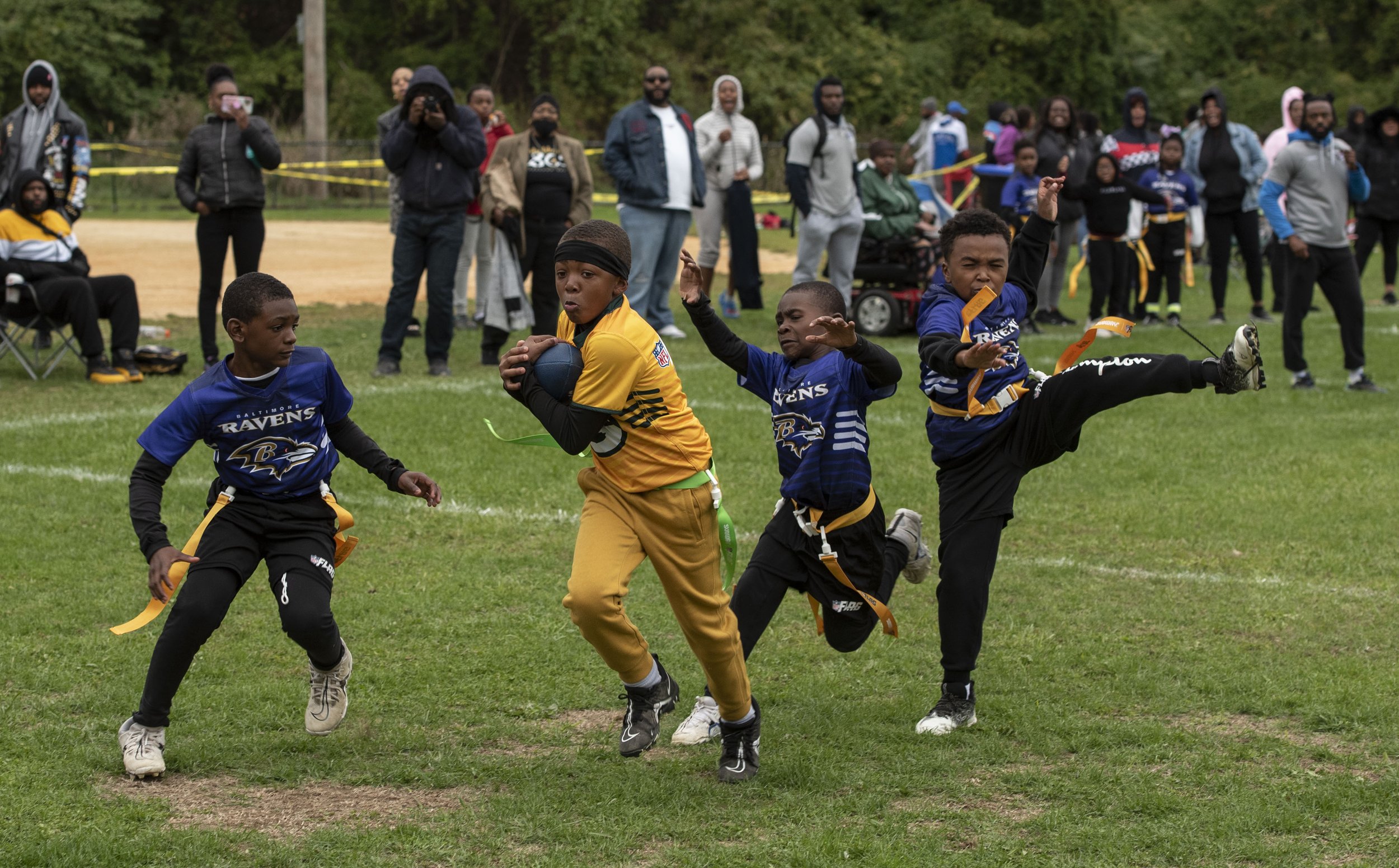  The Ravens and Green Bay Packers face off during an NFL Flag Football game in College Hill Park in Poughkeepsie, New York, in October 2022. 