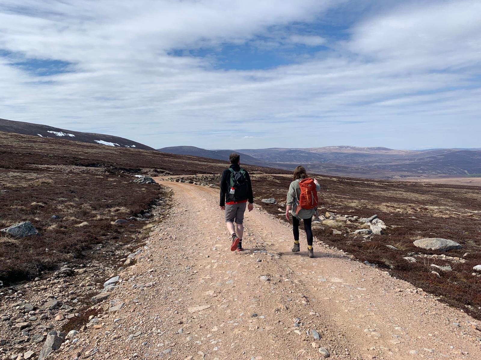 Two walkers on the Burma Road near Aviemore