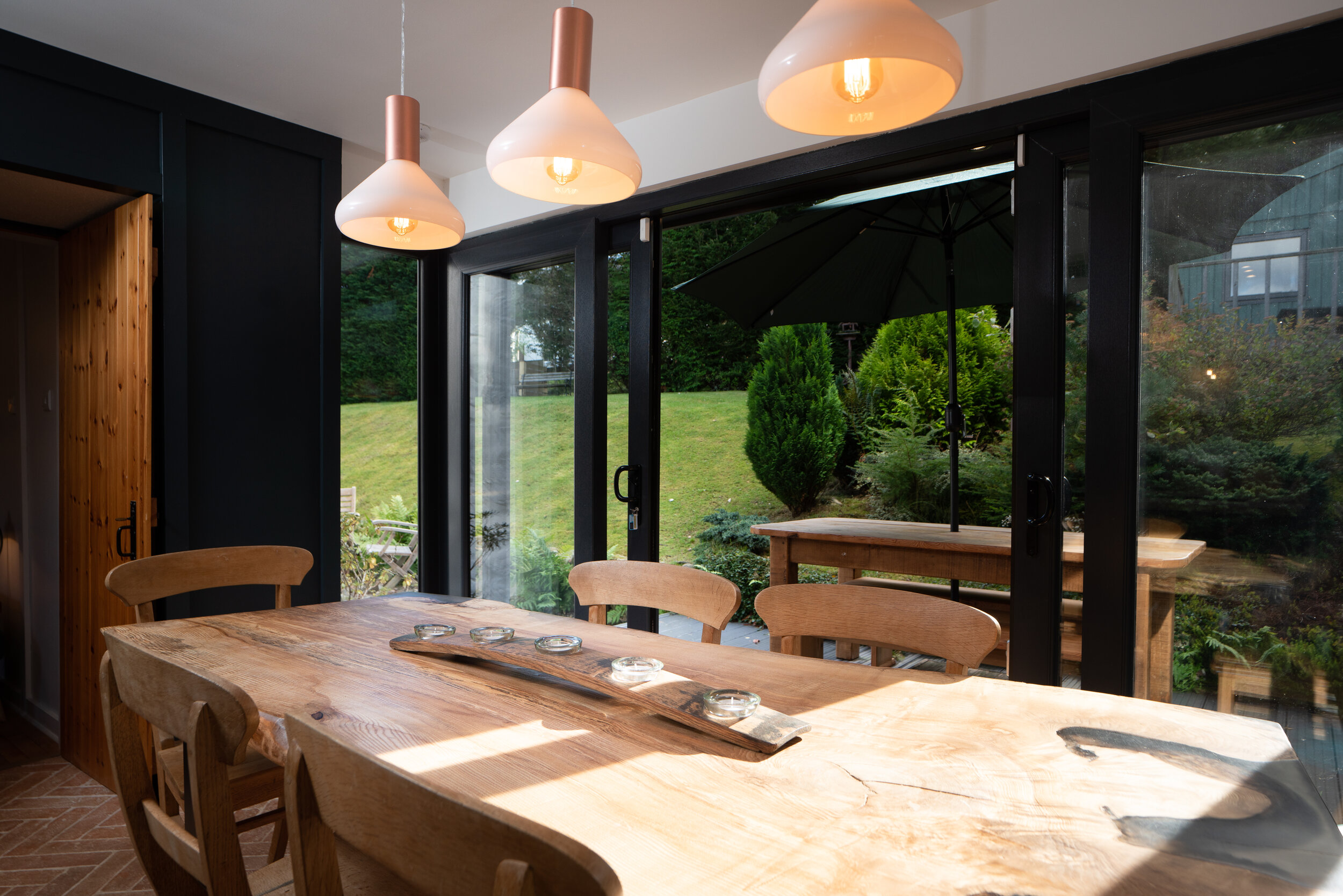 View from the kitchen into the garden at Hillview Cottage, Aviemore