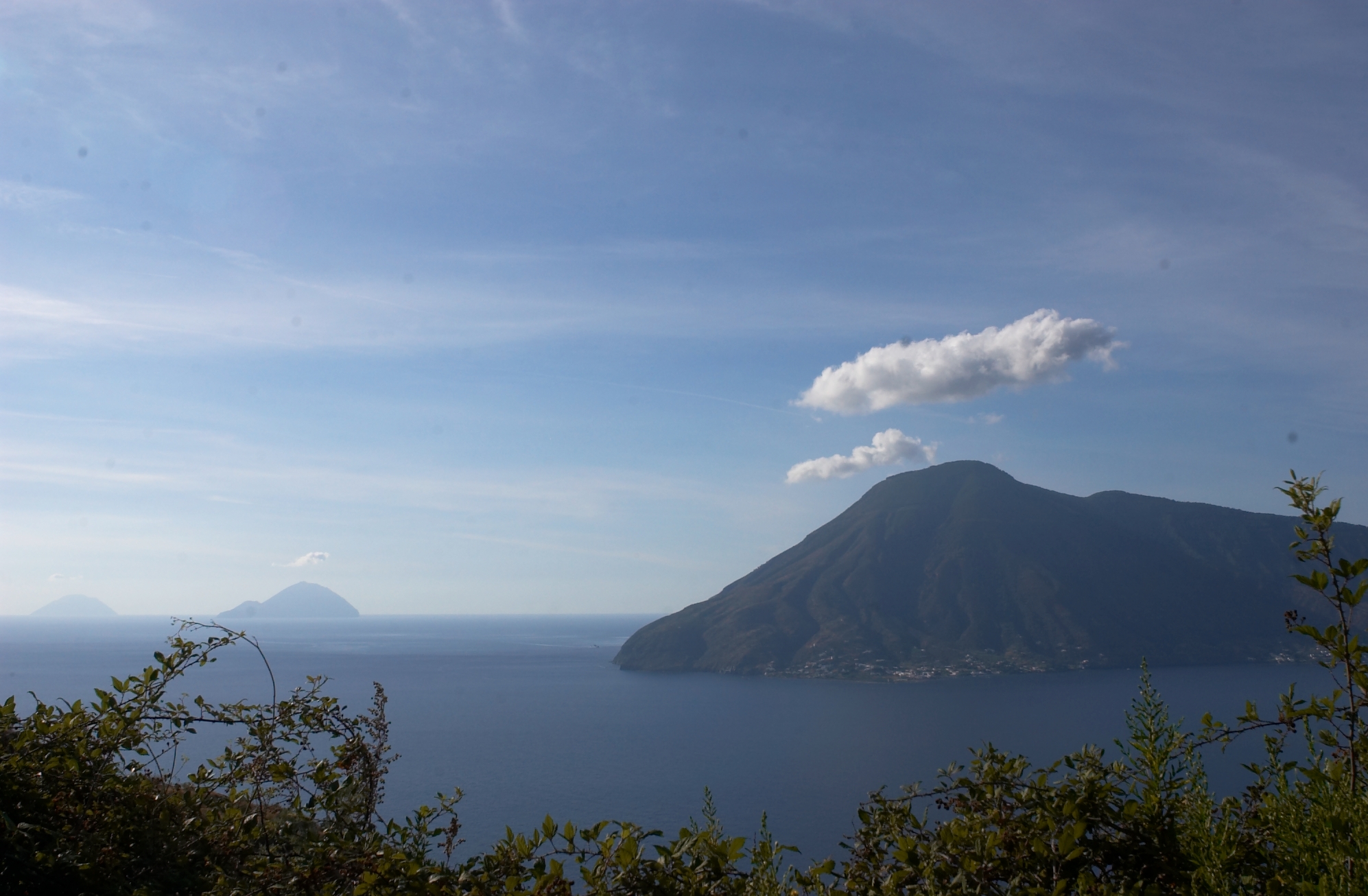 Salina Island, as seen from Lipari. Filicudi and Alicudi islands in the background. (Aeolian Islands)