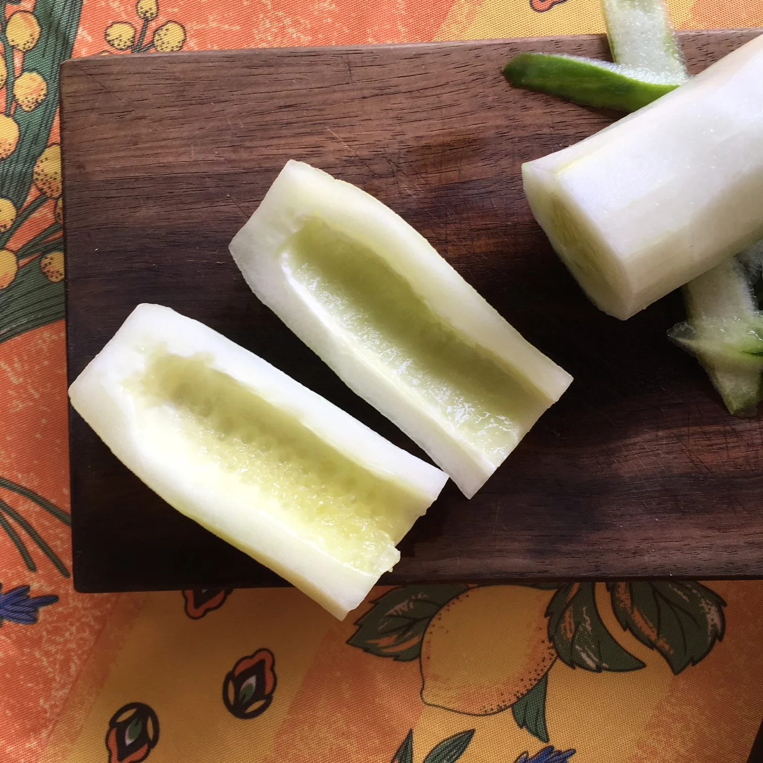    cucumber halves with seeds scooped out...   