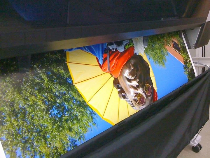 Large format print exiting the printer