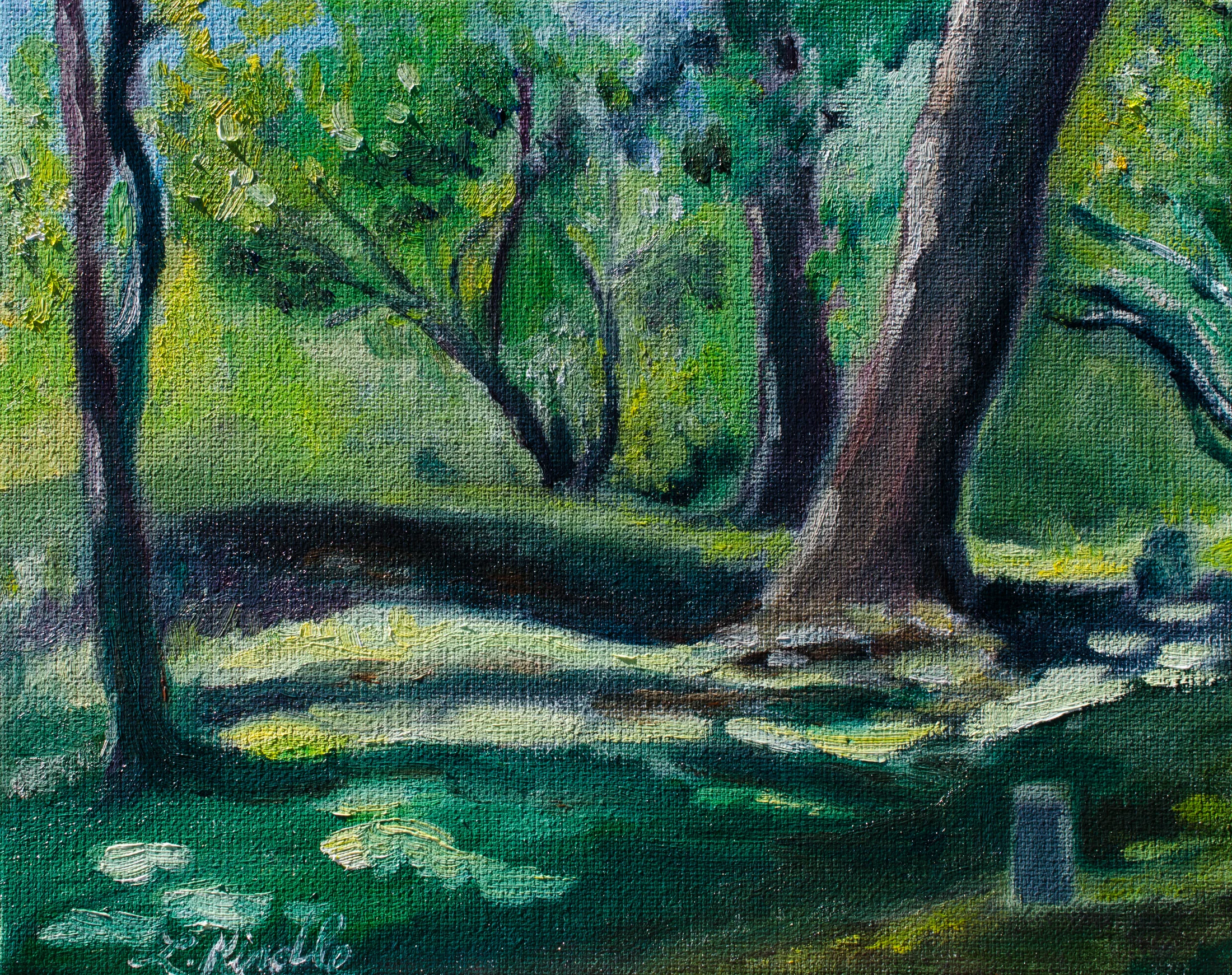 "Sunlight in the Cemetery" is an example of my bam! pow! wham! style. I still like this painting, in the same motherly way that I am fond of all my painting, but you can see how I rely on an extreme use of darkest darks and lightest lights. 