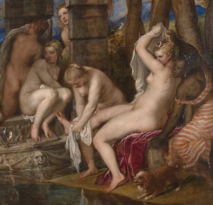 What's going on here? Actaeon shouldn't be looking at this virginal goddess. She's about to have her hounds rip him apart! But could that adorable little dog really do any harm to a sincere and well-meaning-but-still-lusty man like Actaeon?